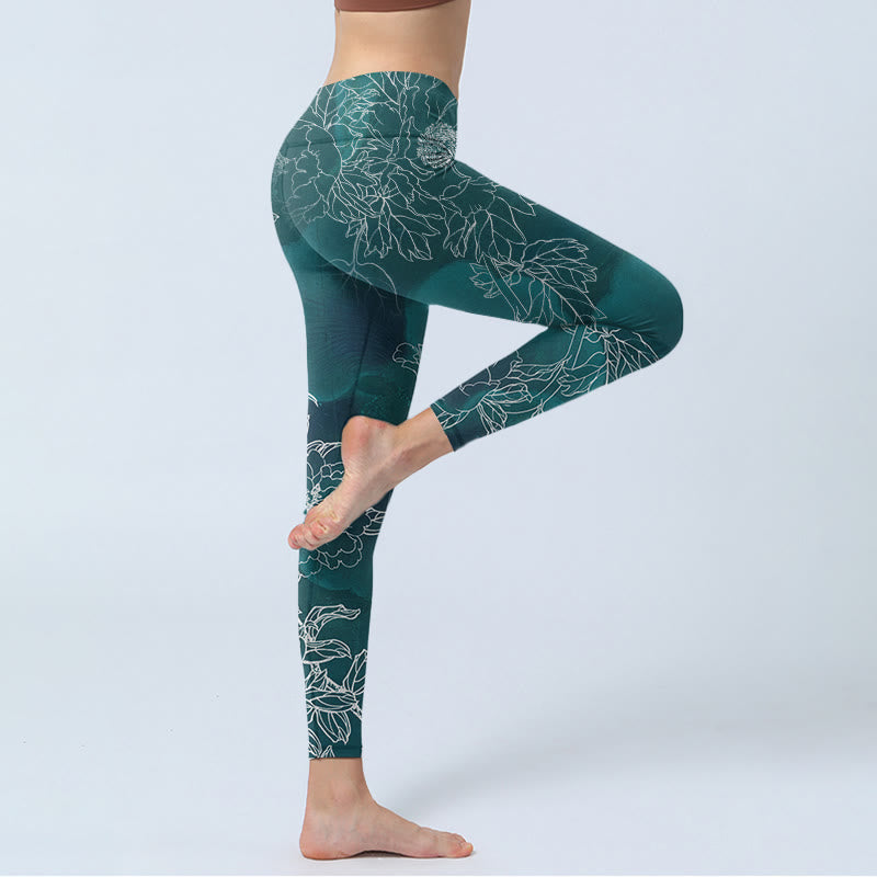 Buddha Stones Pfingstrose Blume Elster Schmetterling Print Gym Fitness Leggings Damen Yogahose