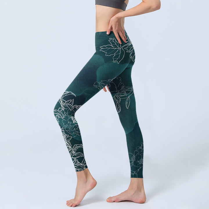 Buddha Stones Pfingstrose Blume Elster Schmetterling Print Gym Fitness Leggings Damen Yogahose