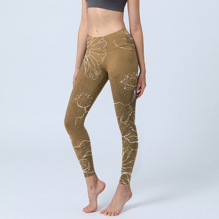 Buddha Stones, Goldrute, Lotusblüten, Blätter-Druck, Fitness-Leggings für Damen, Yoga-Hose - Goldrute - US18, UK/AU22, EU50 (4XL) - image 0