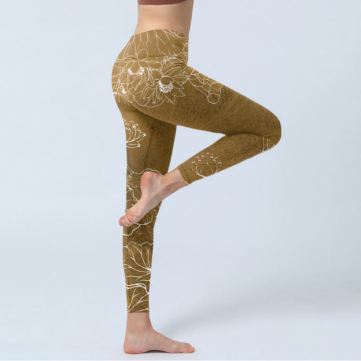 Buddha Stones, Goldrute, Lotusblüten, Blätter-Druck, Fitness-Leggings für Damen, Yoga-Hose