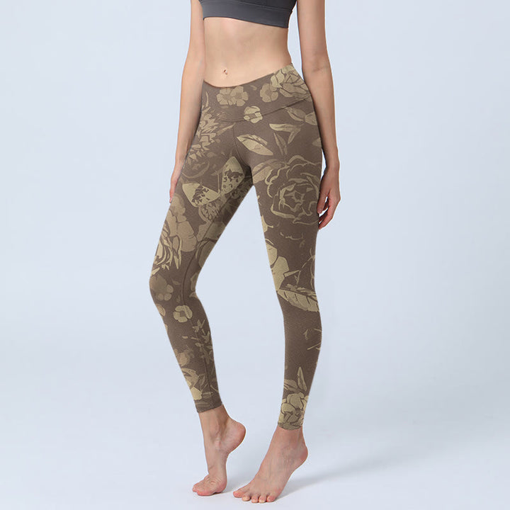 Buddha Stones, Pfingstrose, Blumen, Blätter, Blütendruck, Fitness-Leggings für Damen, Yogahose - DunkelKhaki - US18， UK/AU22，EU50 (4XL) - image 9