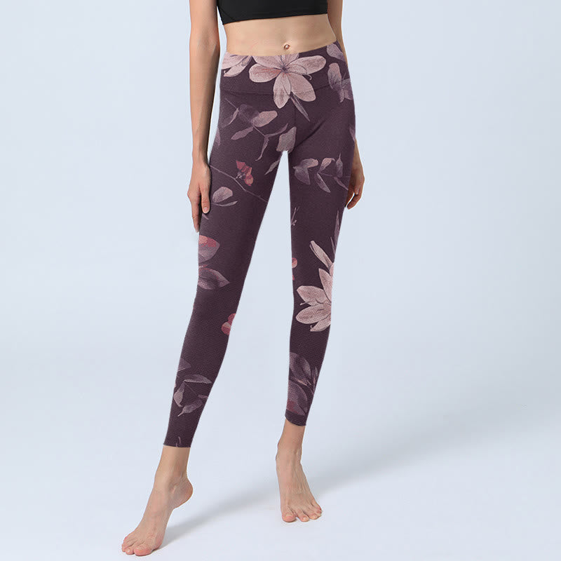 Buddha Stones, lila, weiße Blumen, Blätter, Blütendruck, Fitness-Leggings für Damen, Yogahose