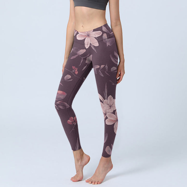 Buddha Stones, lila, weiße Blumen, Blätter, Blütendruck, Fitness-Leggings für Damen, Yogahose