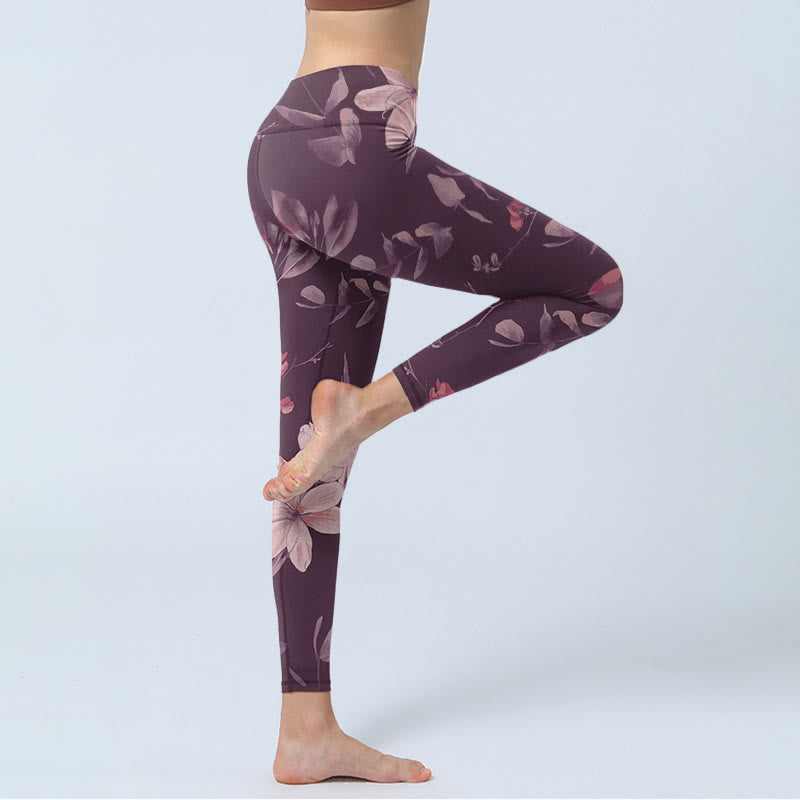 Buddha Stones, lila, weiße Blumen, Blätter, Blütendruck, Fitness-Leggings für Damen, Yogahose