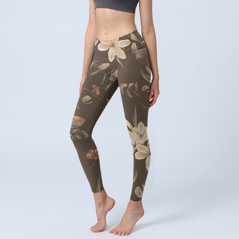 Buddha Stones, lila, weiße Blumen, Blätter, Blütendruck, Fitness-Leggings für Damen, Yogahose - DunkelKhaki - US18， UK/AU22，EU50 (4XL) - image 9