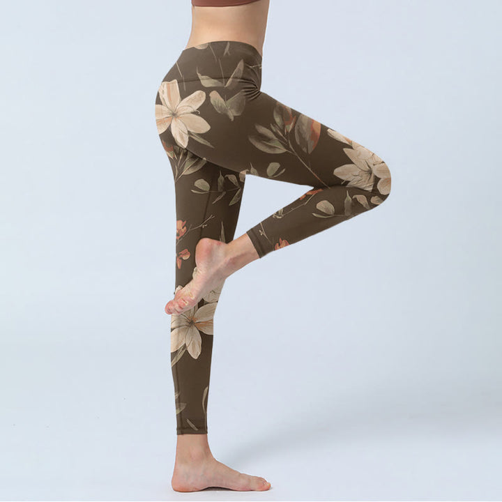 Buddha Stones, lila, weiße Blumen, Blätter, Blütendruck, Fitness-Leggings für Damen, Yogahose