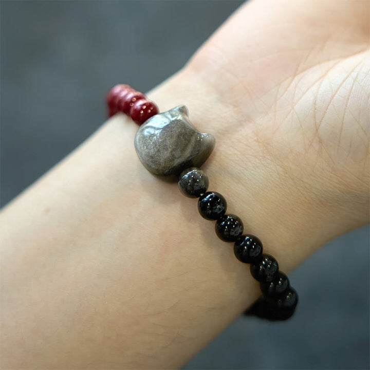 Buddha Stones Schwarzer Obsidian Zinnober Silber Glanz Obsidian Katze Erfüllung Armband