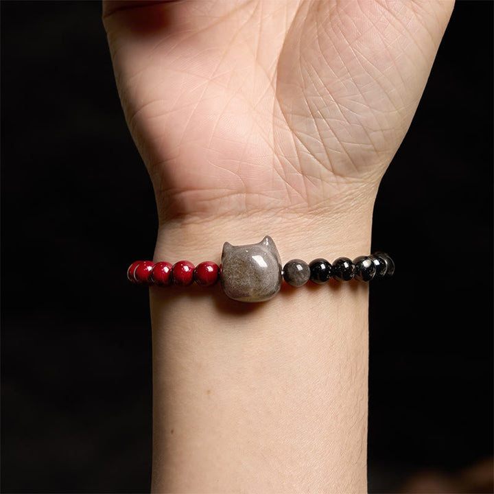 Buddha Stones Schwarzer Obsidian Zinnober Silber Glanz Obsidian Katze Erfüllung Armband - image 5