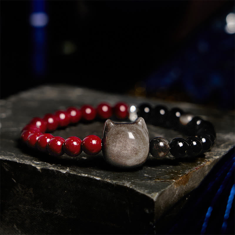 Buddha Stones Schwarzer Obsidian Zinnober Silber Glanz Obsidian Katze Erfüllung Armband - image 1