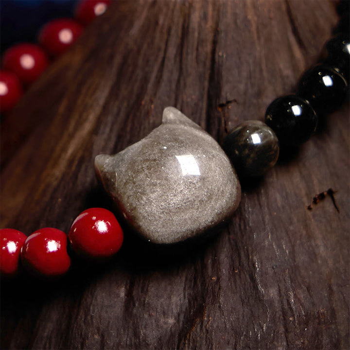 Buddha Stones Schwarzer Obsidian Zinnober Silber Glanz Obsidian Katze Erfüllung Armband - image 3
