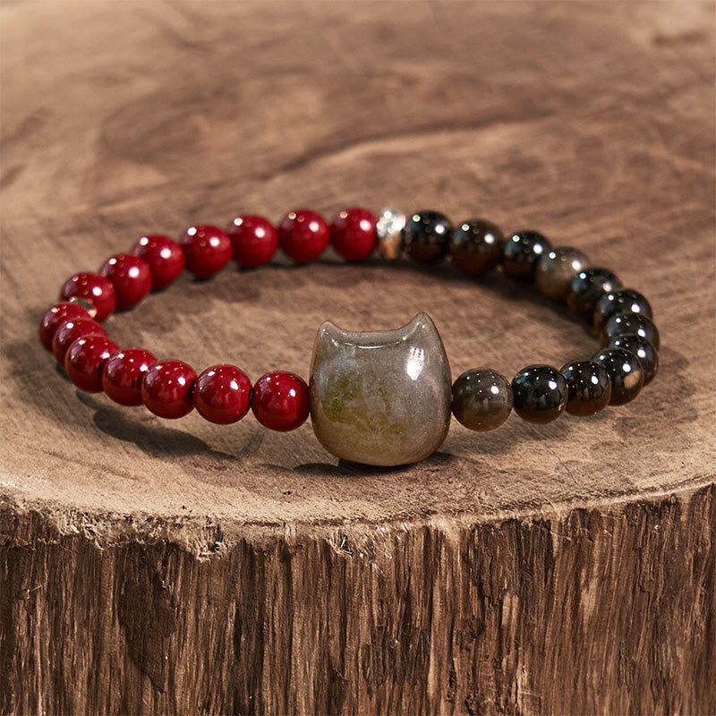 Buddha Stones Schwarzer Obsidian Zinnober Silber Glanz Obsidian Katze Erfüllung Armband - image 2