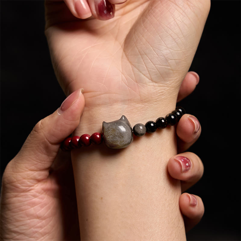 Buddha Stones Schwarzer Obsidian Zinnober Silber Glanz Obsidian Katze Erfüllung Armband - image 6