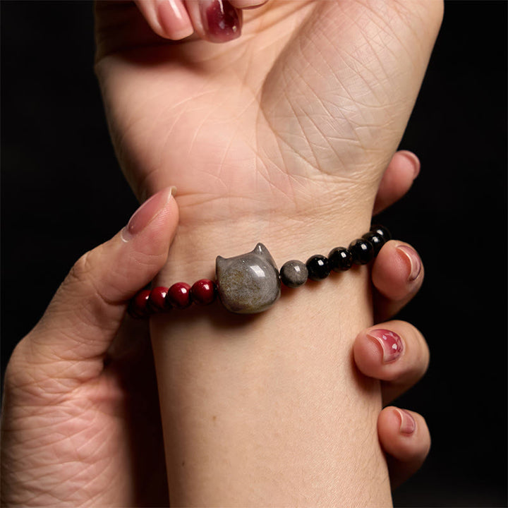 Buddha Stones Schwarzer Obsidian Zinnober Silber Glanz Obsidian Katze Erfüllung Armband - image 6