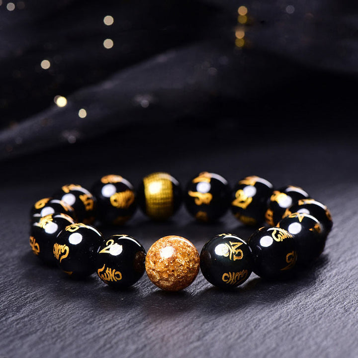 Buddha Stones Sechs Wahre Worte Om Mani Padme Hum Regenbogen Obsidian Goldfolie Kreativität Armband