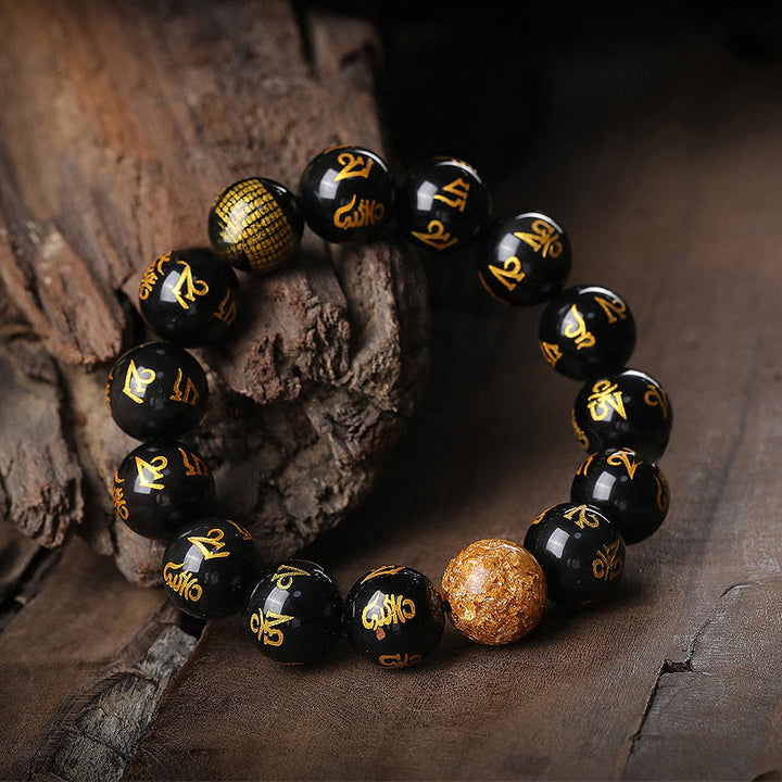 Buddha Stones Sechs Wahre Worte Om Mani Padme Hum Regenbogen Obsidian Goldfolie Kreativität Armband