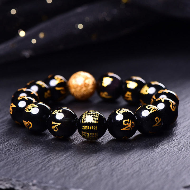 Buddha Stones Sechs Wahre Worte Om Mani Padme Hum Regenbogen Obsidian Goldfolie Kreativität Armband