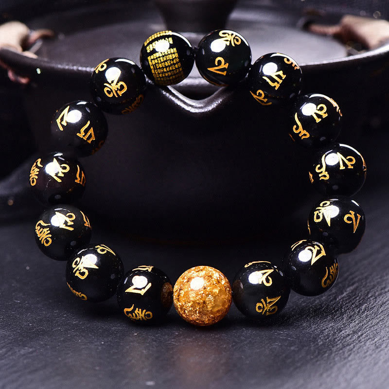 Buddha Stones Sechs Wahre Worte Om Mani Padme Hum Regenbogen Obsidian Goldfolie Kreativität Armband