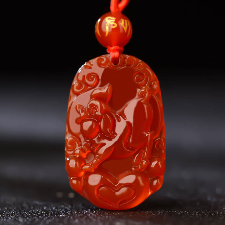 Halskette mit Anhänger Buddha Stones Chinese Zodiac Red Achat Glück