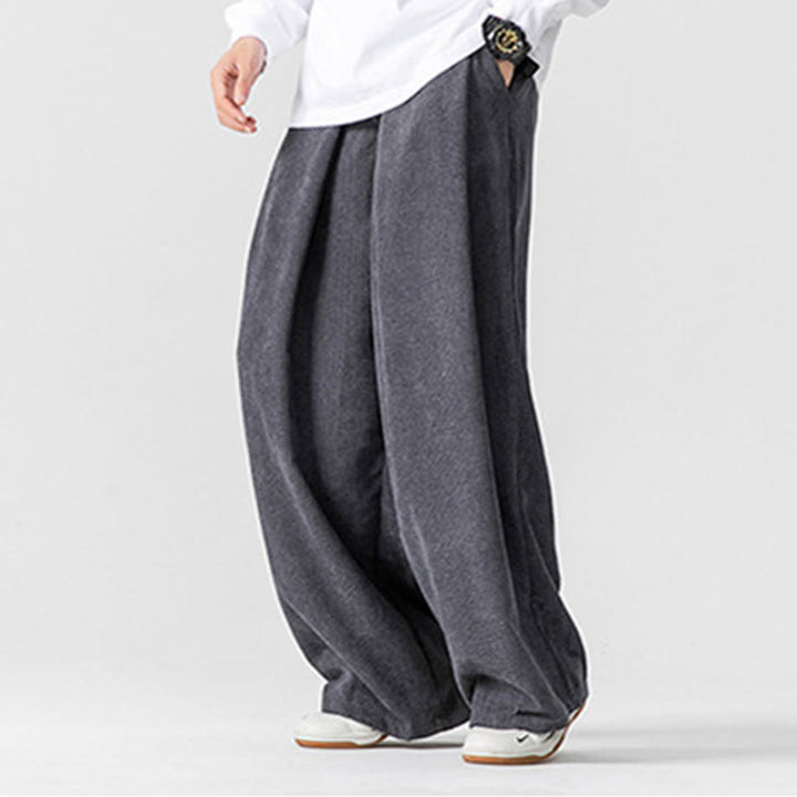 Buddha Stones - Einfarbige Herrenhose aus Baumwollcord mit weitem Bein und Taschen