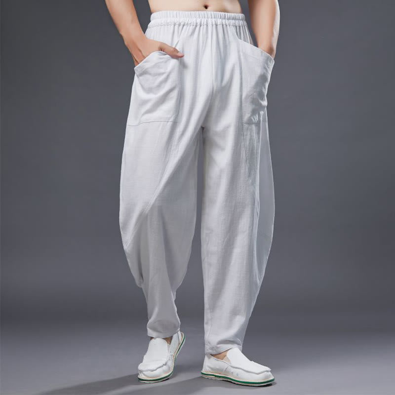 Buddha Stones - Haremshose für Herren aus einfarbigem Baumwoll-Ramie-Leinen mit elastischer Taille und Taschen - Weiß - US/ UK/AU 38, EU 48 (XL) - image 0