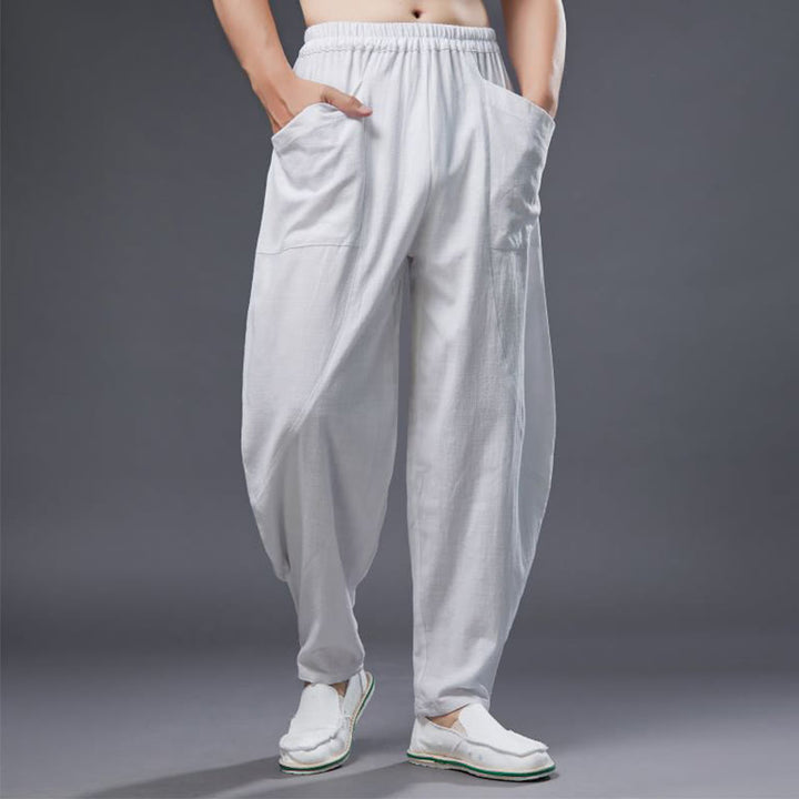 Buddha Stones - Haremshose für Herren aus einfarbigem Baumwoll-Ramie-Leinen mit elastischer Taille und Taschen - Weiß - US/ UK/AU 38, EU 48 (XL) - image 0
