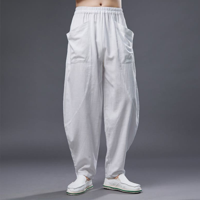 Buddha Stones - Haremshose für Herren aus einfarbigem Baumwoll-Ramie-Leinen mit elastischer Taille und Taschen - image 8