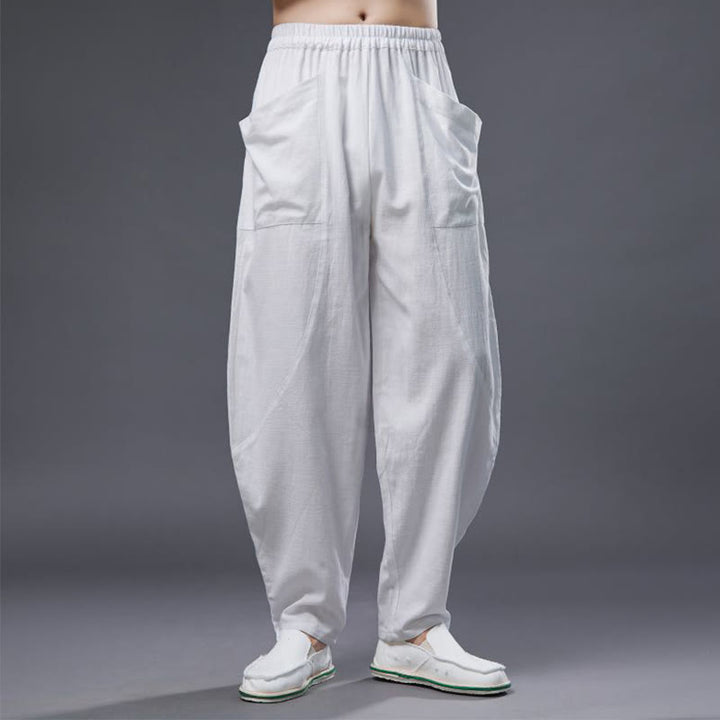 Buddha Stones - Haremshose für Herren aus einfarbigem Baumwoll-Ramie-Leinen mit elastischer Taille und Taschen - image 8