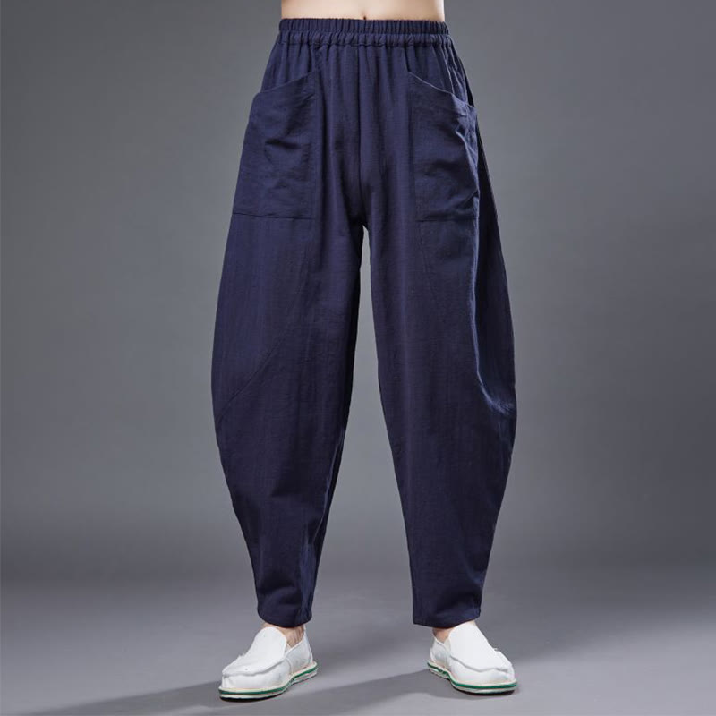 Buddha Stones - Haremshose für Herren aus einfarbigem Baumwoll-Ramie-Leinen mit elastischer Taille und Taschen - image 16