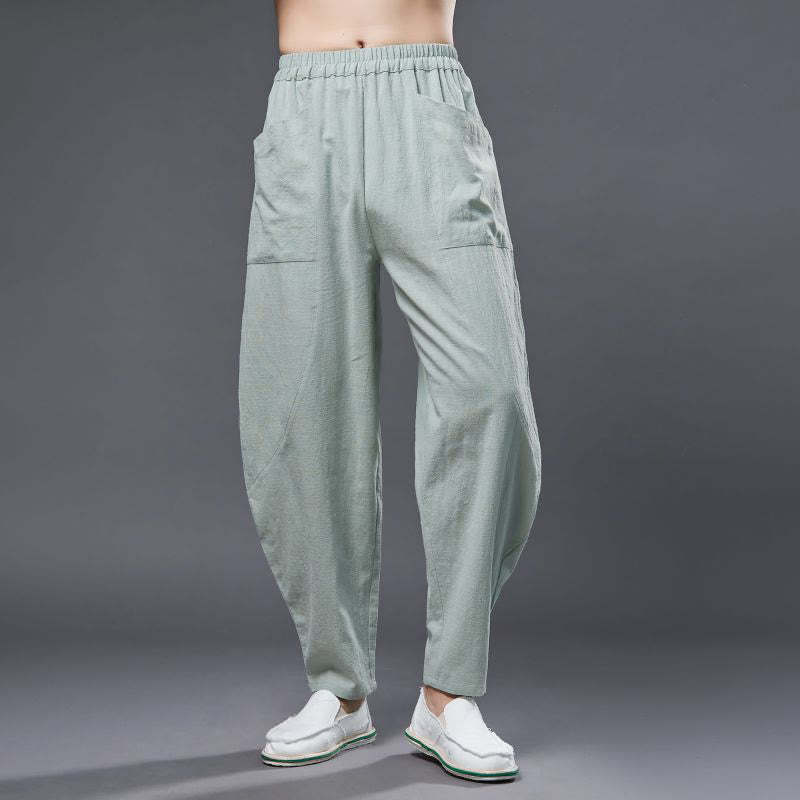 Buddha Stones - Haremshose für Herren aus einfarbigem Baumwoll-Ramie-Leinen mit elastischer Taille und Taschen - Hellgrün - US/ UK/AU 38, EU 48 (XL) - image 18