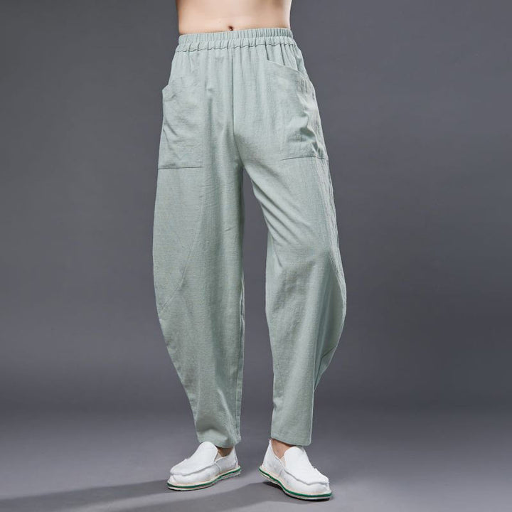 Buddha Stones - Haremshose für Herren aus einfarbigem Baumwoll-Ramie-Leinen mit elastischer Taille und Taschen - Hellgrün - US/ UK/AU 38, EU 48 (XL) - image 18