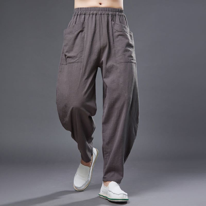 Buddha Stones - Haremshose für Herren aus einfarbigem Baumwoll-Ramie-Leinen mit elastischer Taille und Taschen - Bräunen - US/ UK/AU 38, EU 48 (XL) - image 33