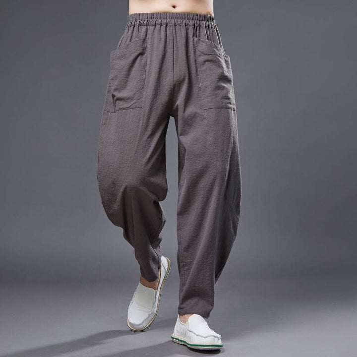 Buddha Stones - Haremshose für Herren aus einfarbigem Baumwoll-Ramie-Leinen mit elastischer Taille und Taschen - Bräunen - US/ UK/AU 38, EU 48 (XL) - image 33