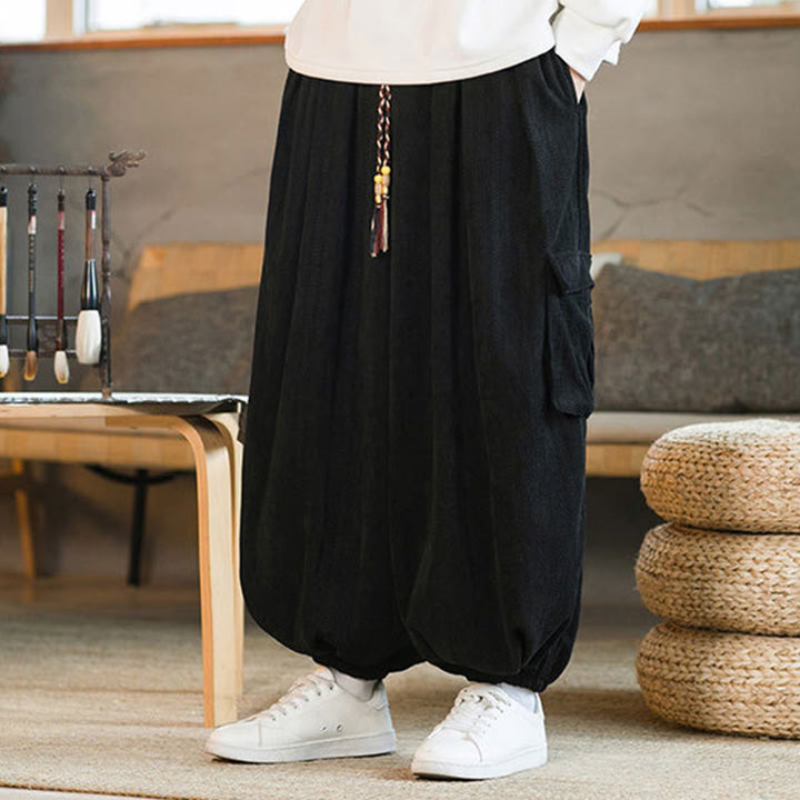 Buddha Stones Herbst Winter Herren-Cargohose aus Chenille-Cord mit Kordelzug und Taschen