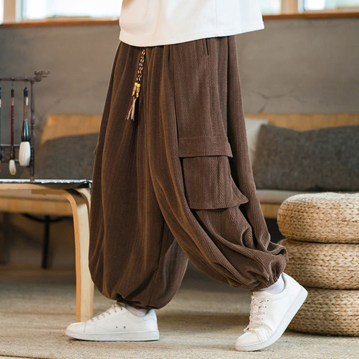 Buddha Stones Herbst Winter Herren-Cargohose aus Chenille-Cord mit Kordelzug und Taschen