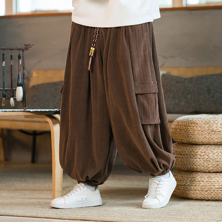 Buddha Stones Herbst Winter Herren-Cargohose aus Chenille-Cord mit Kordelzug und Taschen