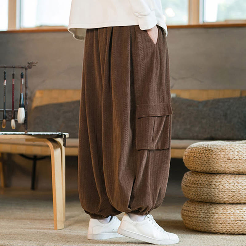 Buddha Stones Herbst Winter Herren-Cargohose aus Chenille-Cord mit Kordelzug und Taschen