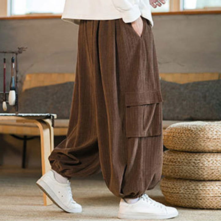 Buddha Stones Herbst Winter Herren-Cargohose aus Chenille-Cord mit Kordelzug und Taschen