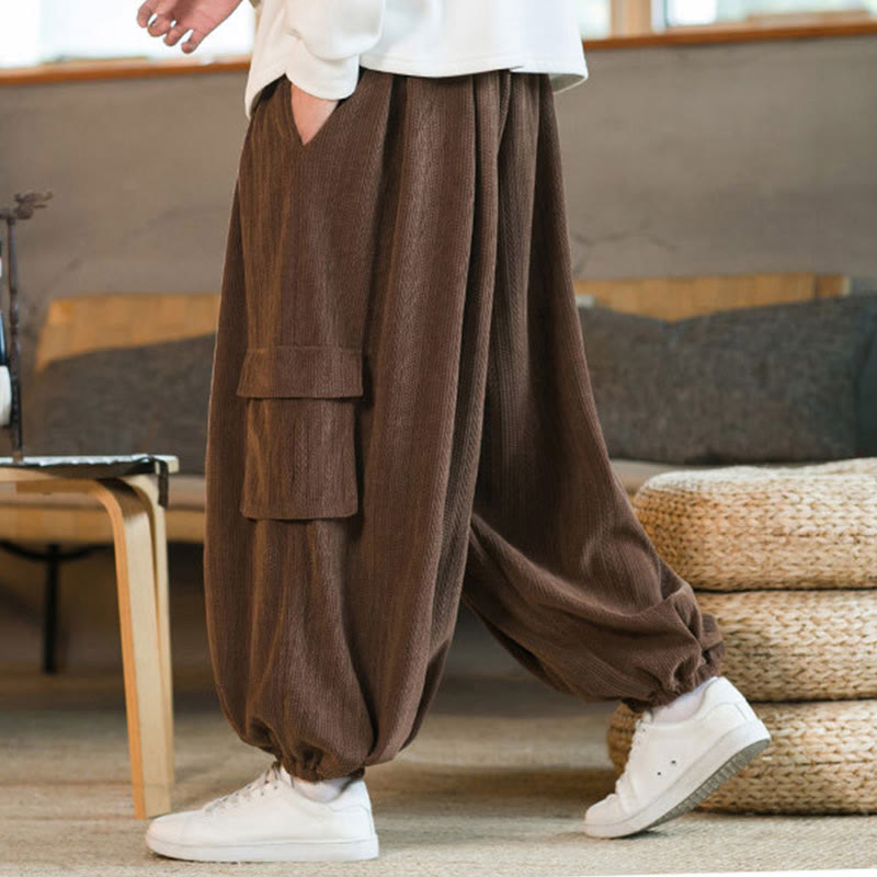 Buddha Stones Herbst Winter Herren-Cargohose aus Chenille-Cord mit Kordelzug und Taschen