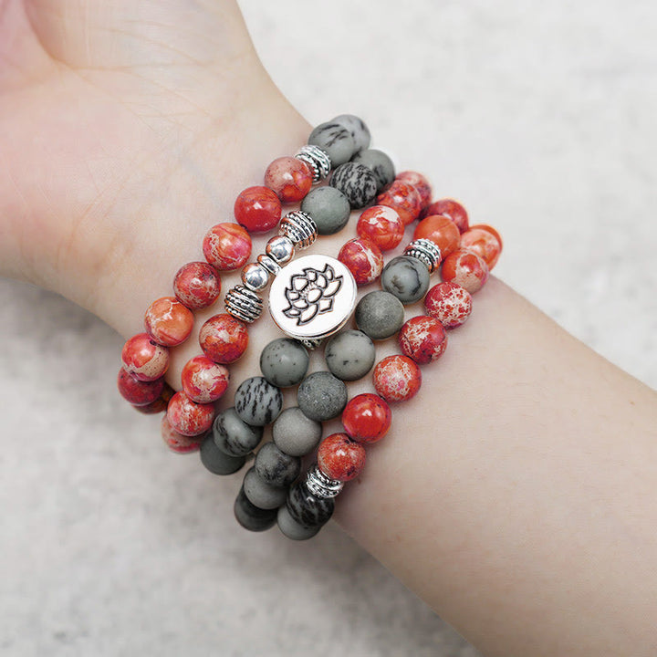 Buddha Stones 108 Mala Perlen Naturstein Meeressediment Jaspis Lotus Schutzarmband