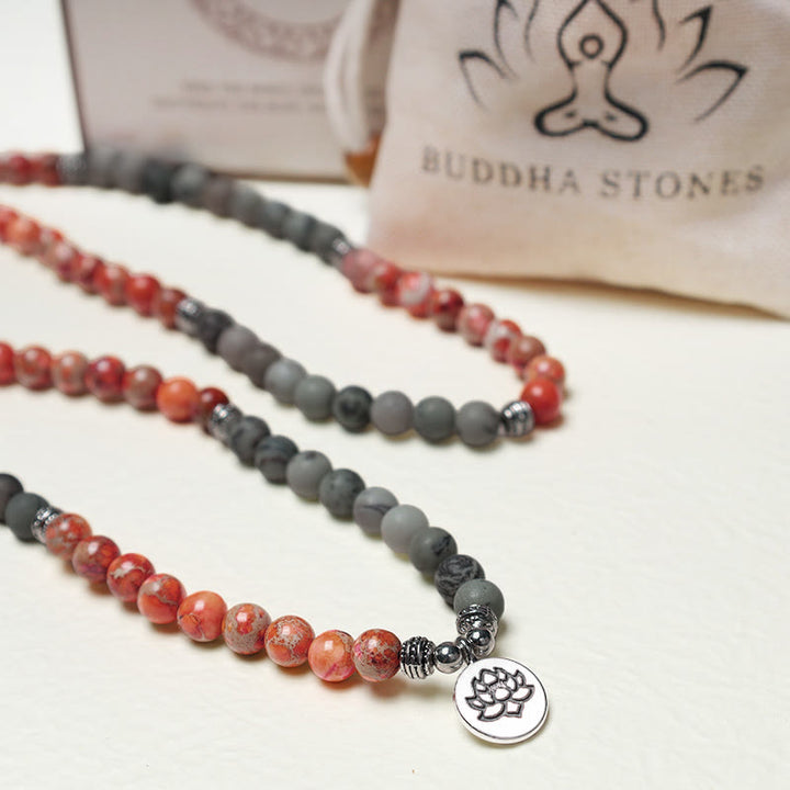 Buddha Stones 108 Mala Perlen Naturstein Meeressediment Jaspis Lotus Schutzarmband