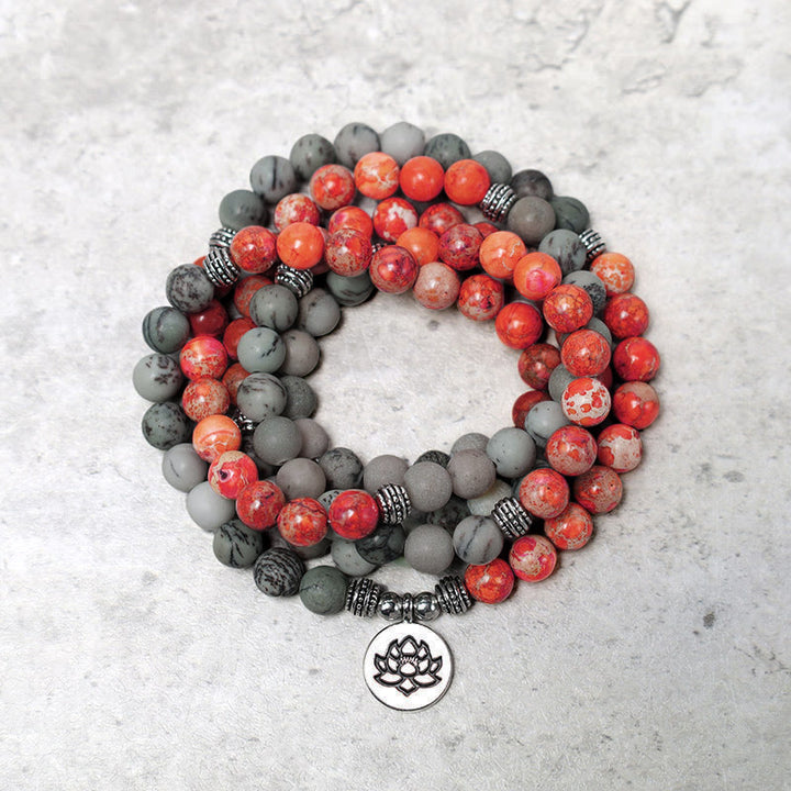 Buddha Stones 108 Mala Perlen Naturstein Meeressediment Jaspis Lotus Schutzarmband