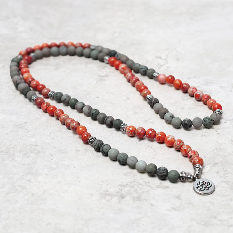 Buddha Stones 108 Mala Perlen Naturstein Meeressediment Jaspis Lotus Schutzarmband