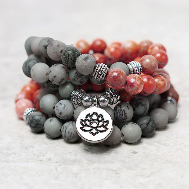 Buddha Stones 108 Mala Perlen Naturstein Meeressediment Jaspis Lotus Schutzarmband