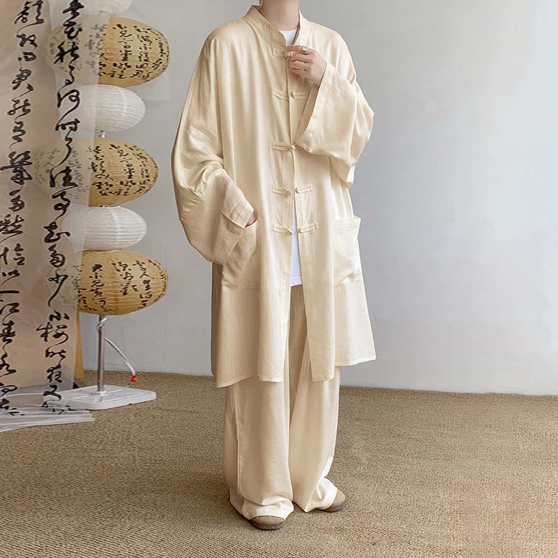 Buddha Stones 2-teiliges Herren-Kleidungsset mit langen Ärmeln und Froschknöpfen, Hemd und Hose, Meditation, Zen, Baumwolle - Weizen - US/UK/AU46, EU56 (5XL) - image 0