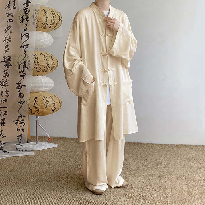 Buddha Stones 2-teiliges Herren-Kleidungsset mit langen Ärmeln und Froschknöpfen, Hemd und Hose, Meditation, Zen, Baumwolle - Weizen - US/UK/AU46, EU56 (5XL) - image 0