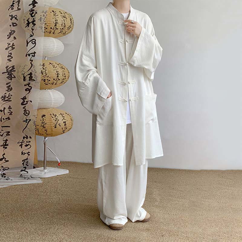 Buddha Stones 2-teiliges Herren-Kleidungsset mit langen Ärmeln und Froschknöpfen, Hemd und Hose, Meditation, Zen, Baumwolle - Weiß - US/UK/AU46, EU56 (5XL) - image 3
