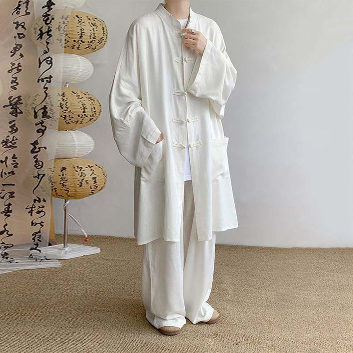 Buddha Stones 2-teiliges Herren-Kleidungsset mit langen Ärmeln und Froschknöpfen, Hemd und Hose, Meditation, Zen, Baumwolle - Weiß - US/UK/AU46, EU56 (5XL) - image 3