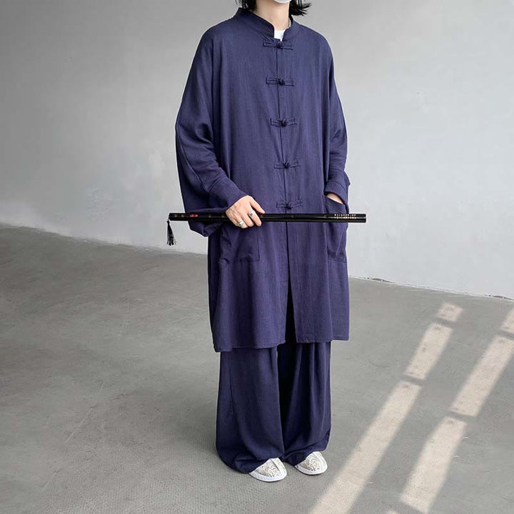 Buddha Stones 2-teiliges Herren-Kleidungsset mit langen Ärmeln und Froschknöpfen, Hemd und Hose, Meditation, Zen, Baumwolle - Stahlblau - US/ UK/AU46，EU56 (5XL) - image 11