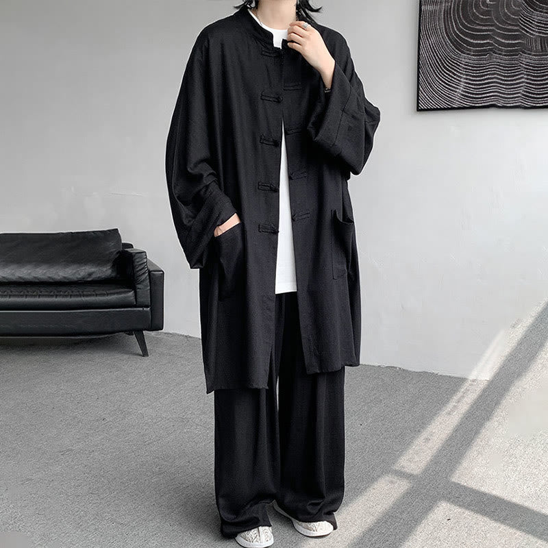 Buddha Stones 2-teiliges Herren-Kleidungsset mit langen Ärmeln und Froschknöpfen, Hemd und Hose, Meditation, Zen, Baumwolle - Schwarz - US/ UK/AU46，EU56 (5XL) - image 21