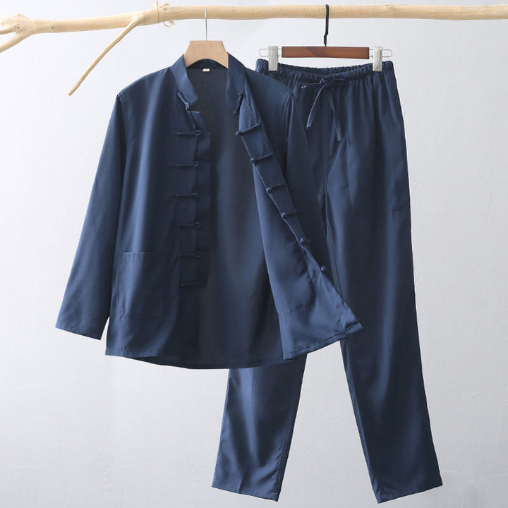 Buddha Stones 2-teiliger Tang-Anzug, traditioneller Froschknopf, Herren-Langarmshirt und Hose, Kleidungsset - Stahlblau - US/ UK/AU44，EU54 (4XL) - image 0
